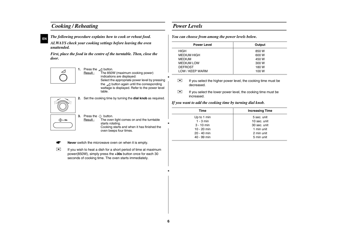 Samsung MW872-S/XSV manual Cooking / Reheating Power Levels, Power Level Output, Time Increasing Time 