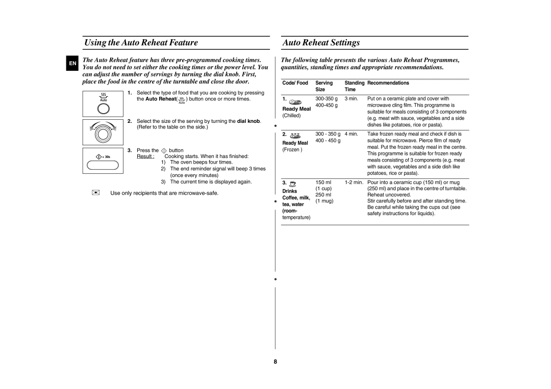 Samsung MW872-S/XSV manual Using the Auto Reheat Feature, Auto Reheat Settings, Ready Meal, Safety instructions for liquids 