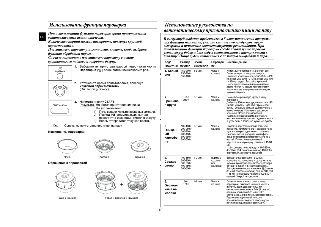 Samsung MW872PR/BWT manual Использование функции пароваркa, Установите время приготовления, повернув 