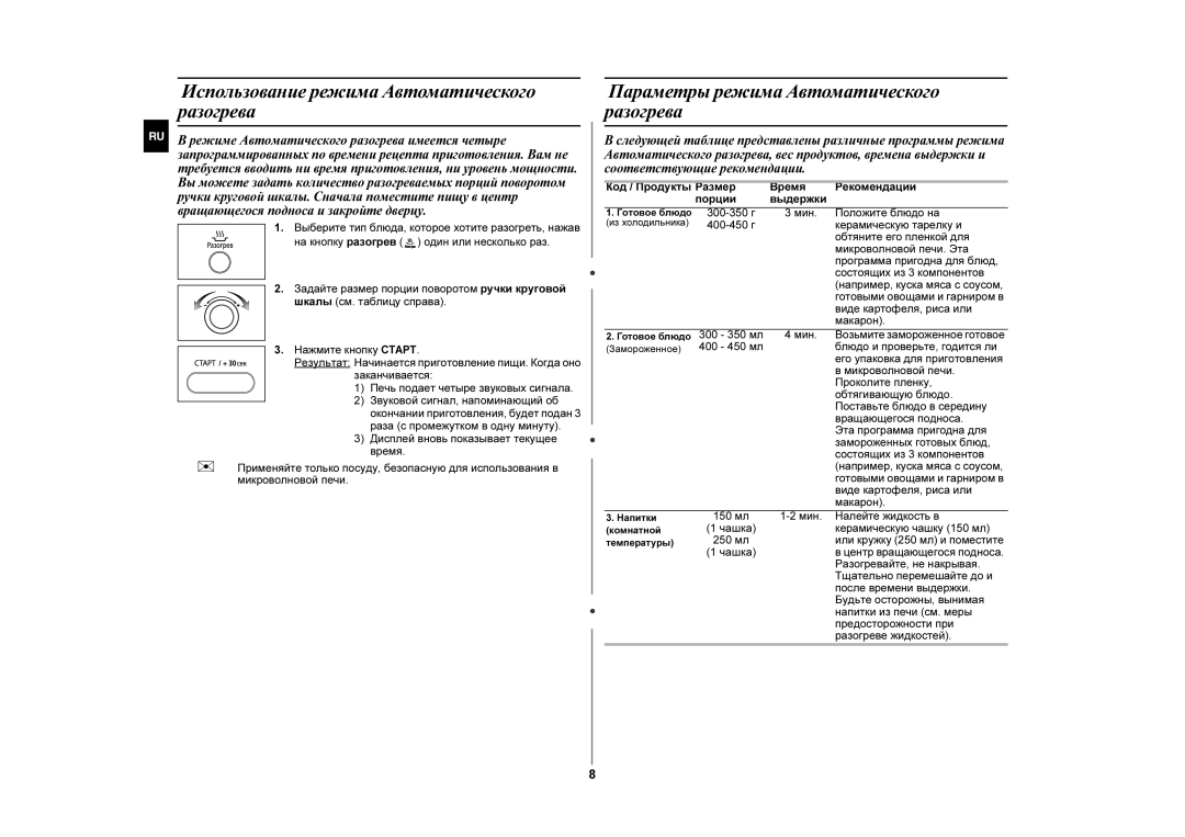 Samsung MW872PR/BWT manual Использование режима Автоматического разогрева, Параметры режима Автоматического разогрева 