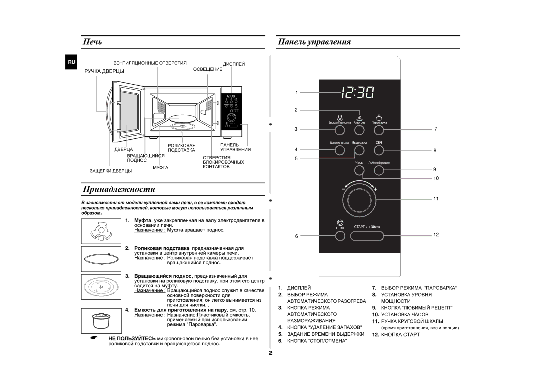 Samsung MW872R-S/SBW, MW872R/BWT, MW872R/SBW, MW872R-S/BWT manual Принадлежности, Печь Панель управления 