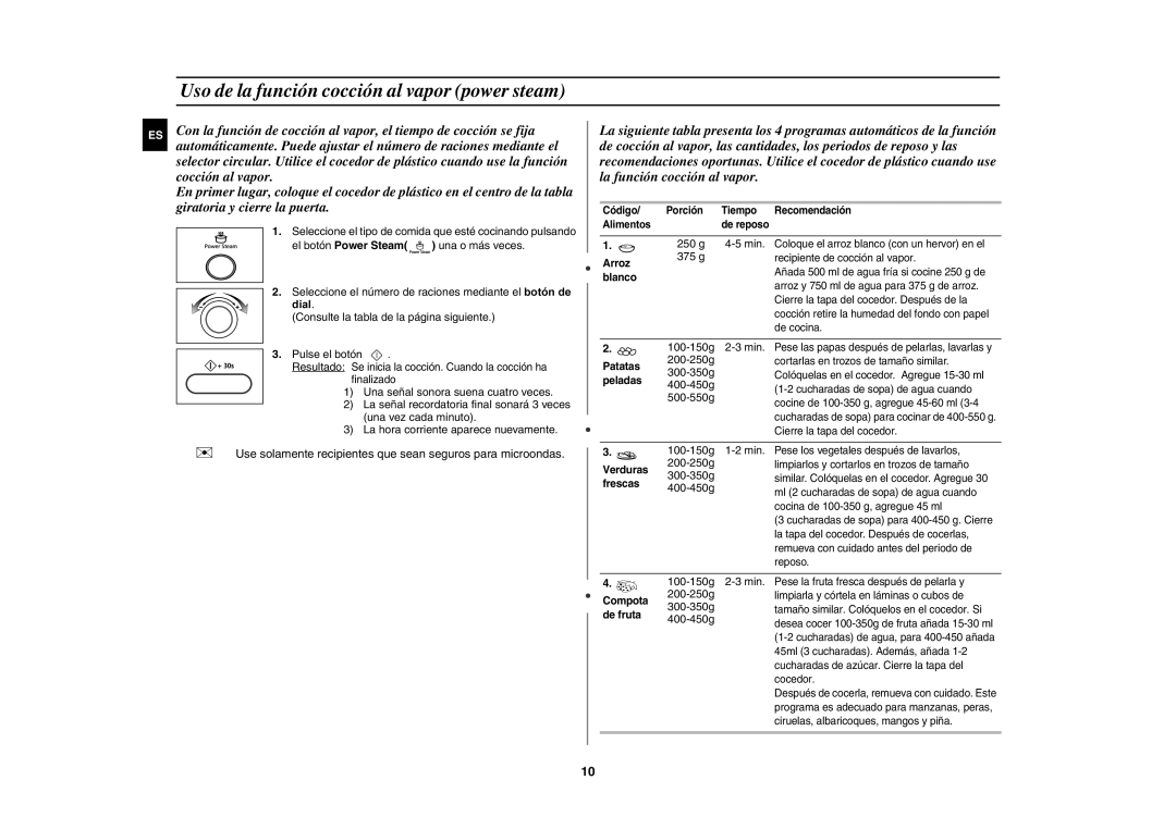 Samsung MW872/XEC manual Uso de la función cocción al vapor power steam 