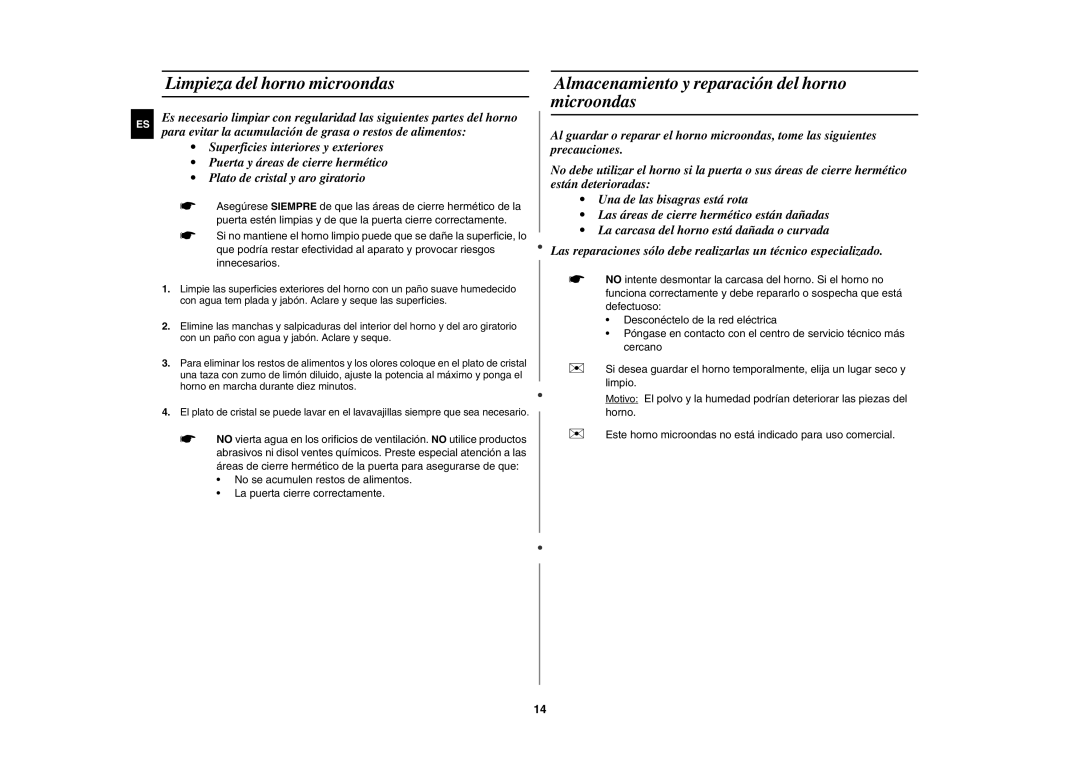 Samsung MW872/XEC manual Limpieza del horno microondas, Almacenamiento y reparación del horno microondas 