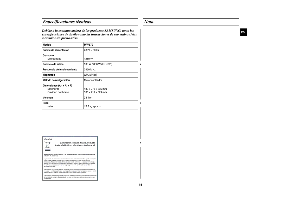 Samsung MW872/XEC manual Especificaciones técnicas Nota 