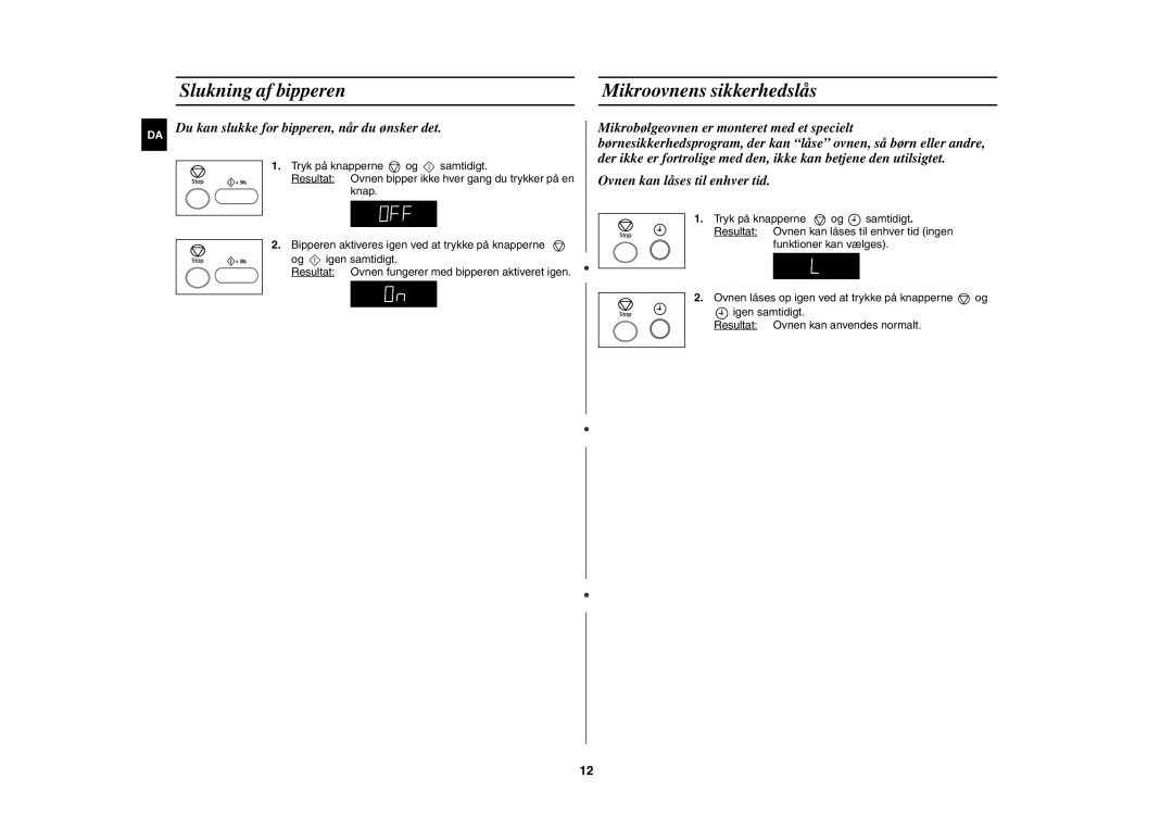 Samsung MW872/XEE manual Slukning af bipperen Mikroovnens sikkerhedslås, Du kan slukke for bipperen, når du ønsker det 