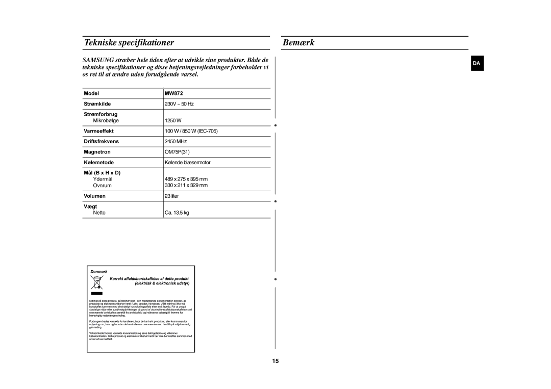 Samsung MW872/XEE manual Tekniske specifikationer Bemærk 