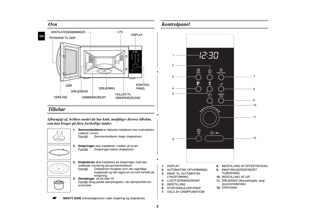 Samsung MW872/XEE manual Ovn, Kontrolpanel, Drejeringen skal installeres i midten af ovnen Formål 