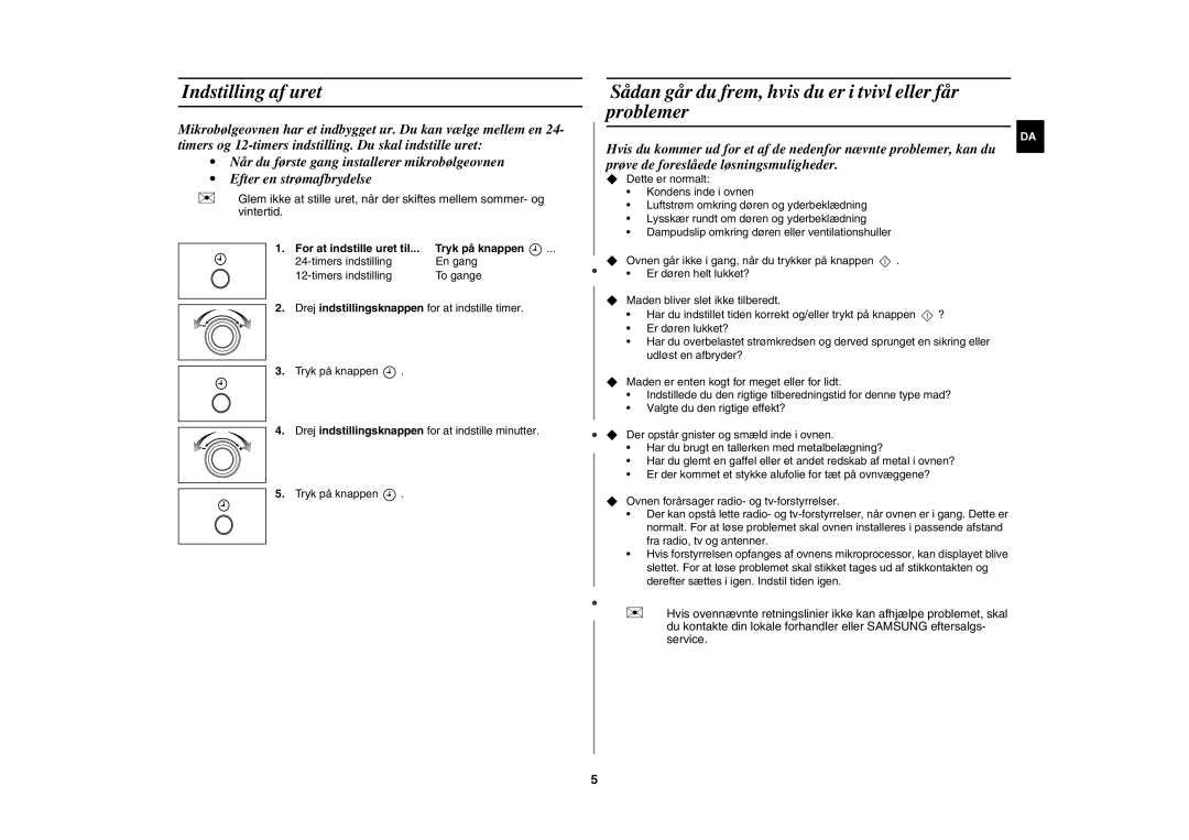 Samsung MW872/XEE manual Indstilling af uret, Sådan går du frem, hvis du er i tvivl eller får problemer 
