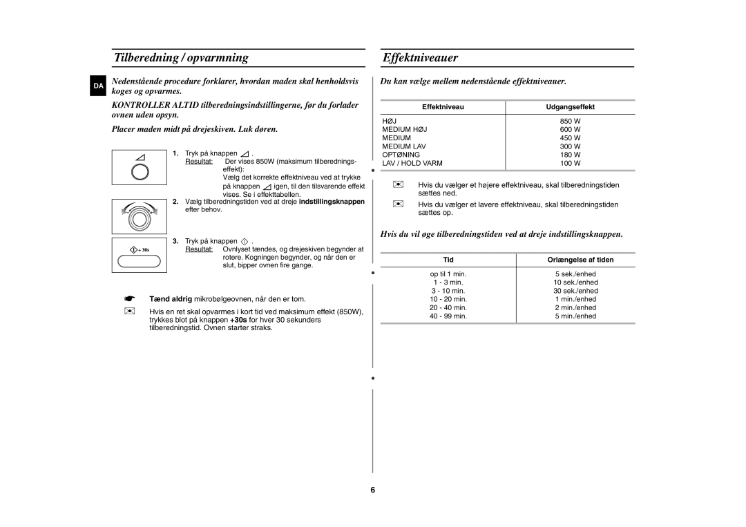 Samsung MW872/XEE manual Tilberedning / opvarmning Effektniveauer, Effektniveau Udgangseffekt, Tid Orlængelse af tiden 