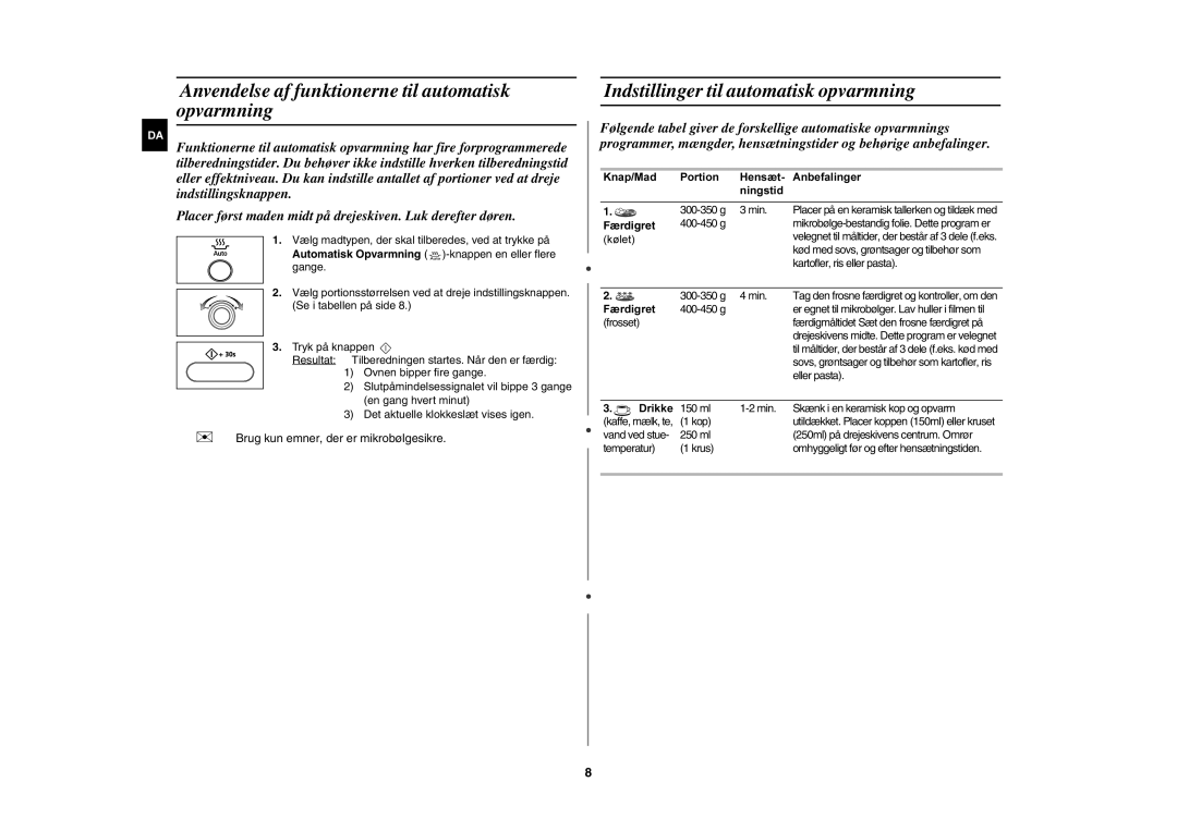 Samsung MW872/XEE Anvendelse af funktionerne til automatisk opvarmning, Indstillinger til automatisk opvarmning, Færdigret 