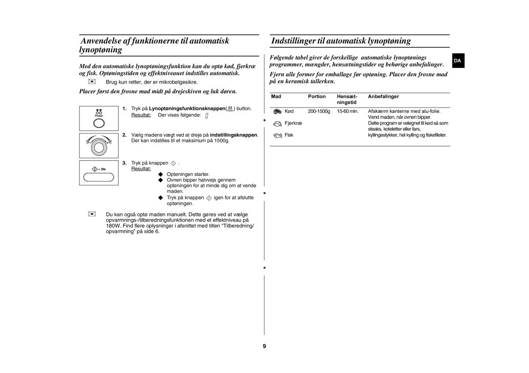 Samsung MW872/XEE manual Anvendelse af funktionerne til automatisk lynoptøning, Indstillinger til automatisk lynoptøning 