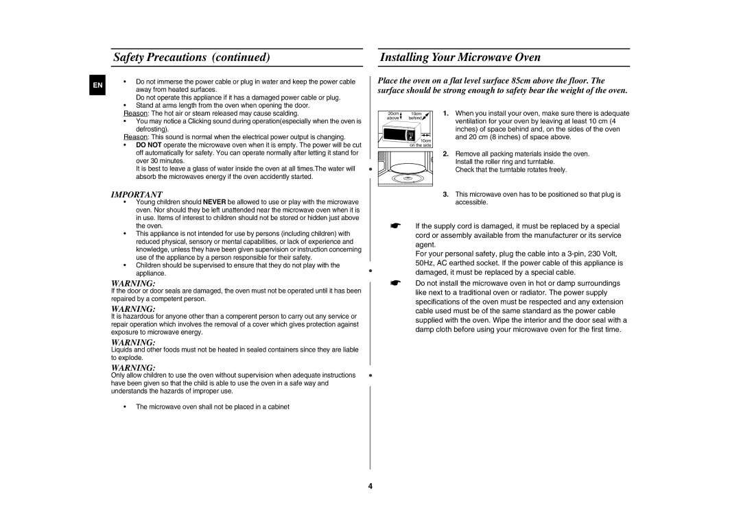 Samsung MW872/XEE manual Installing Your Microwave Oven, 20 cm 8 inches of space above 