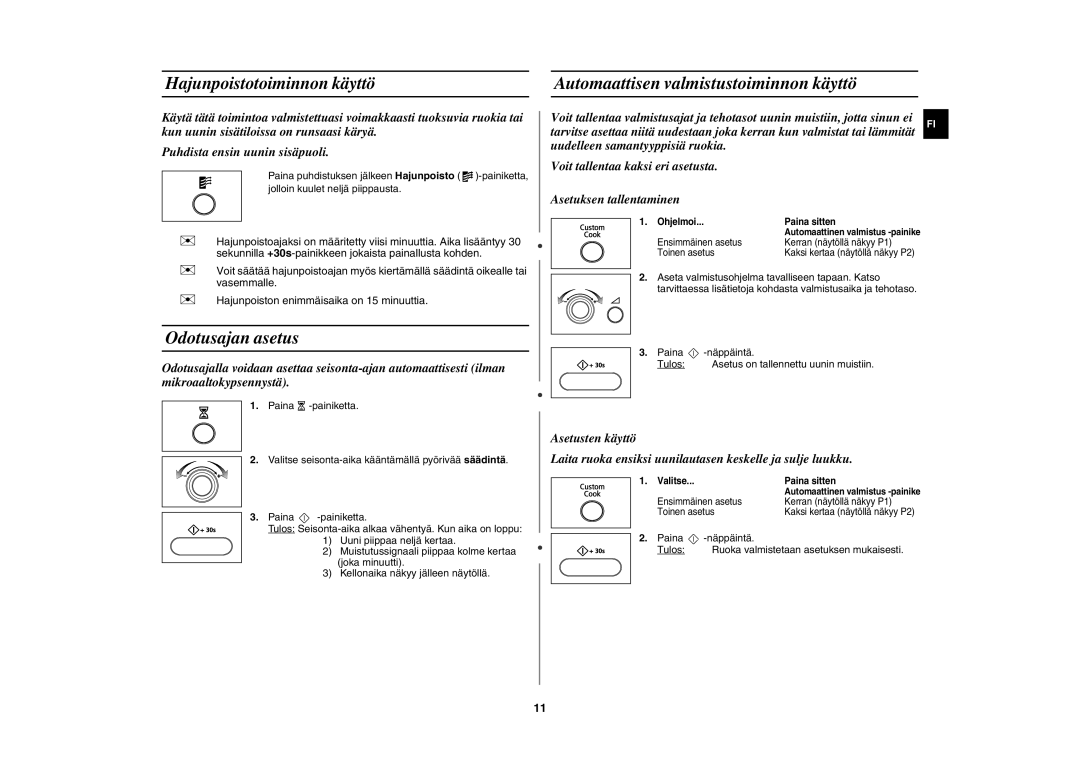 Samsung MW872/XEE manual Automaattisen valmistustoiminnon käyttö, Odotusajan asetus, Hajunpoistotoiminnon käyttö 