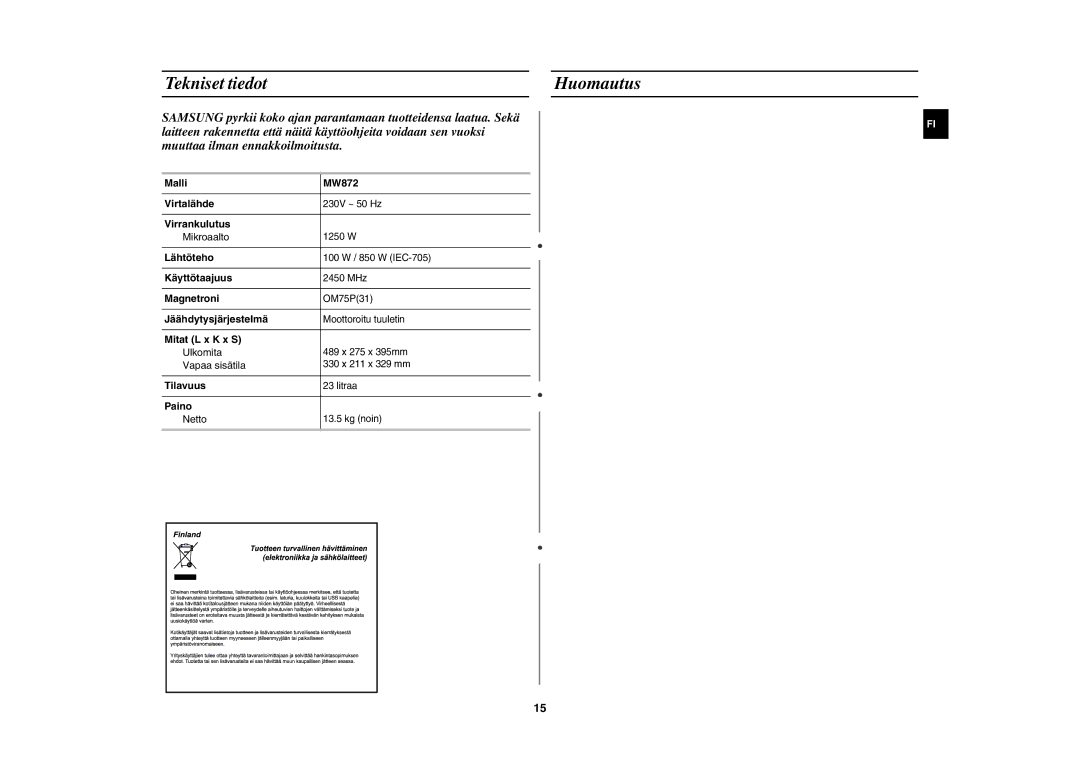 Samsung MW872/XEE manual Huomautus, Tekniset tiedot 