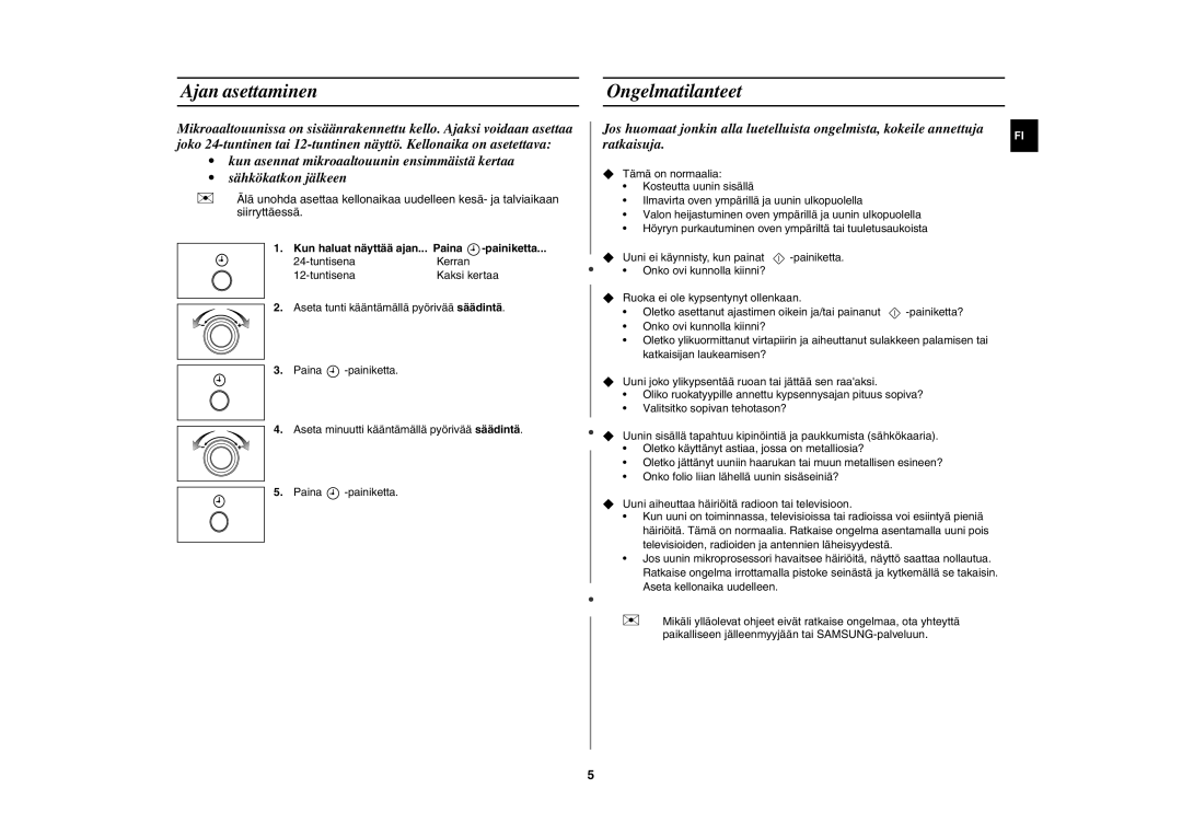 Samsung MW872/XEE manual Ajan asettaminen, Ongelmatilanteet, Kun haluat näyttää ajan... Paina 