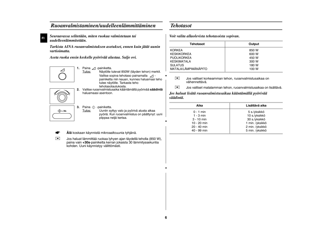 Samsung MW872/XEE manual Ruoanvalmistaminen/uudelleenlämmittäminen Tehotasot, Tehotasot Output, Aika Lisättävä aika 