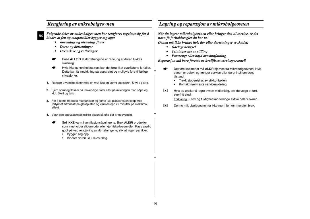 Samsung MW872/XEE manual Rengjøring av mikrobølgeovnen, Lagring og reparasjon av mikrobølgeovnen 