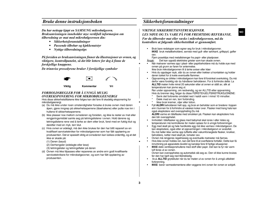 Samsung MW872/XEE manual Bruke denne instruksjonsboken, Sikkerhetsforanstaltninger, Viktig Kommentar Vri 