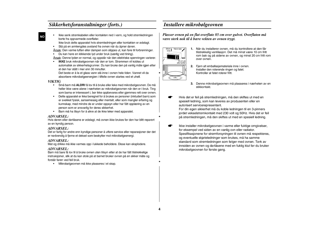 Samsung MW872/XEE manual Sikkerhetsforanstaltninger forts Installere mikrobølgeovnen, Over ovnen 