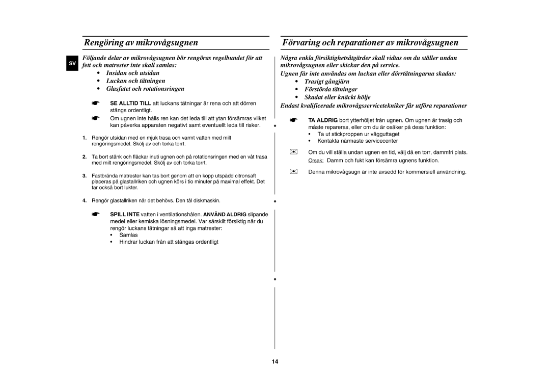 Samsung MW872/XEE manual Rengöring av mikrovågsugnen, Förvaring och reparationer av mikrovågsugnen 