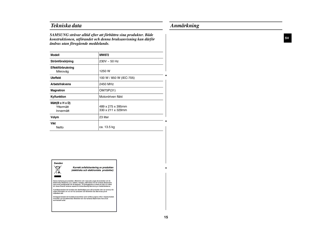 Samsung MW872/XEE manual Tekniska data Anmärkning 