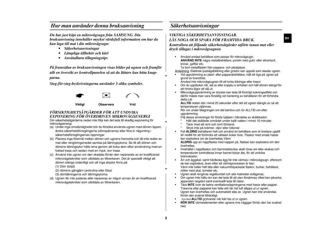 Samsung MW872/XEE manual Hur man använder denna bruksanvisning, Säkerhetsanvisningar 