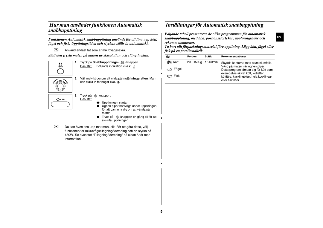 Samsung MW872/XEE manual Hur man använder funktionen Automatisk snabbupptining, Inställningar för Automatisk snabbupptining 