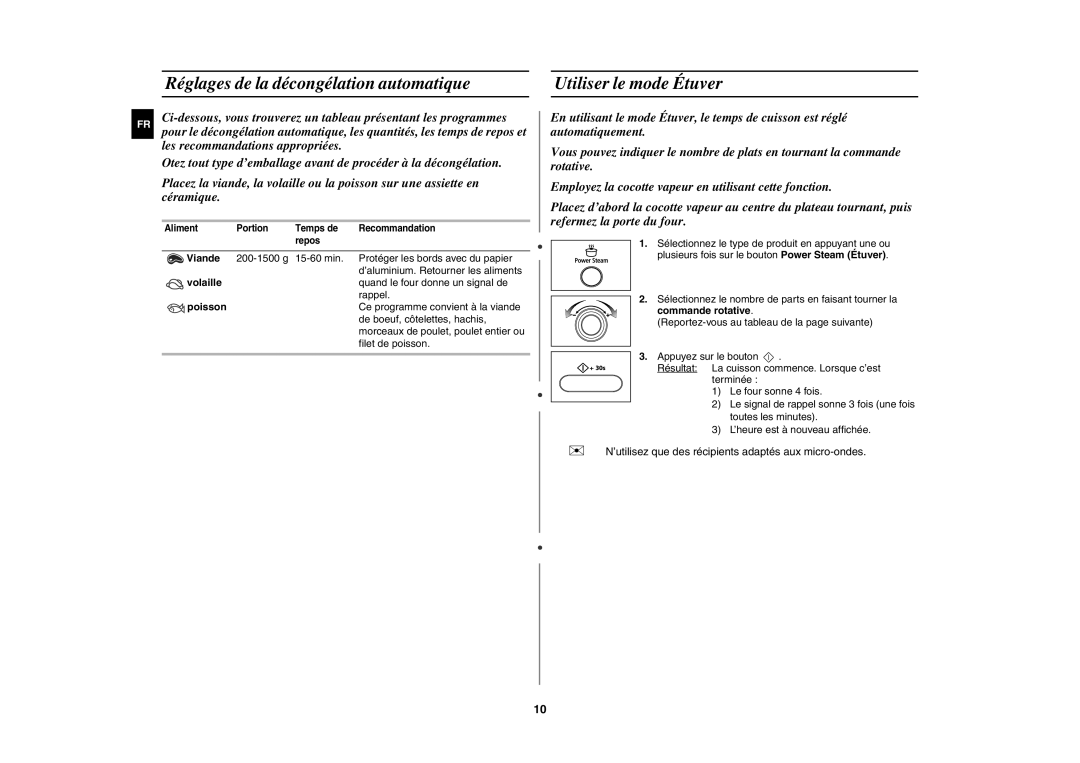 Samsung MW872/XEF manual Réglages de la décongélation automatique, Utiliser le mode Étuver 