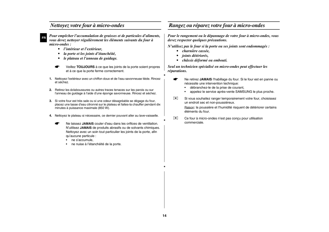 Samsung MW872/XEF manual Nettoyez votre four à micro-ondes, Rangez ou réparez votre four à micro-ondes 