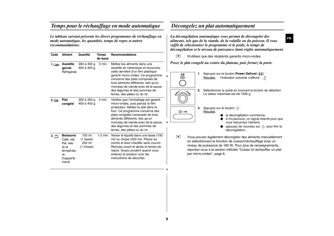 Samsung MW872/XEF manual Temps pour le réchauffage en mode automatique, Décongelez un plat automatiquement 
