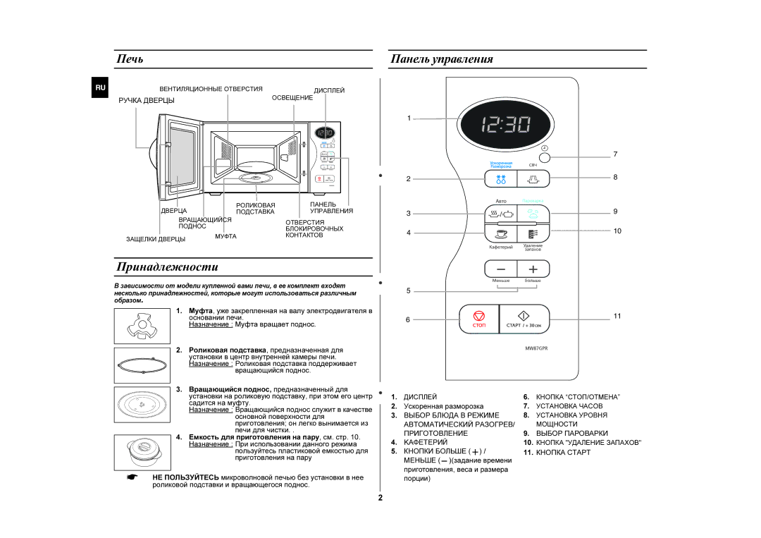 Samsung MW87GPR/BWT manual Принадлежности, Печь, Панель управления, Вращающийся поднос, Ускоренная разморозка 