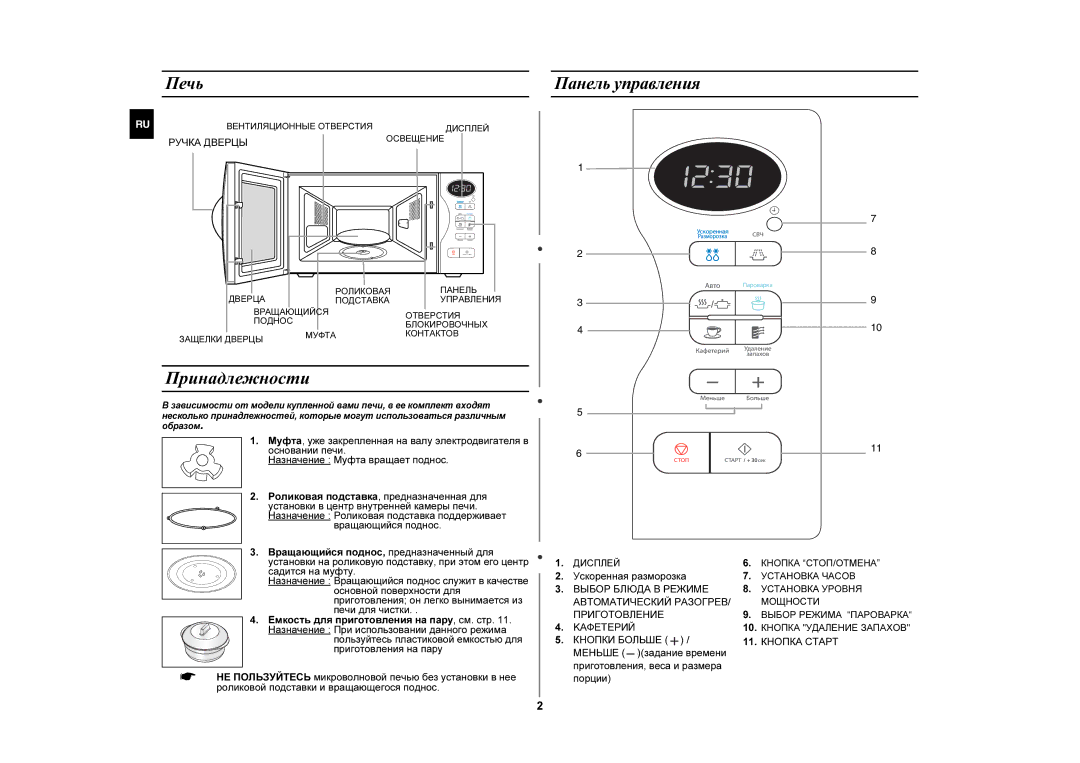 Samsung MW87GR/BWT manual Принадлежности, Печь, Панель управления 