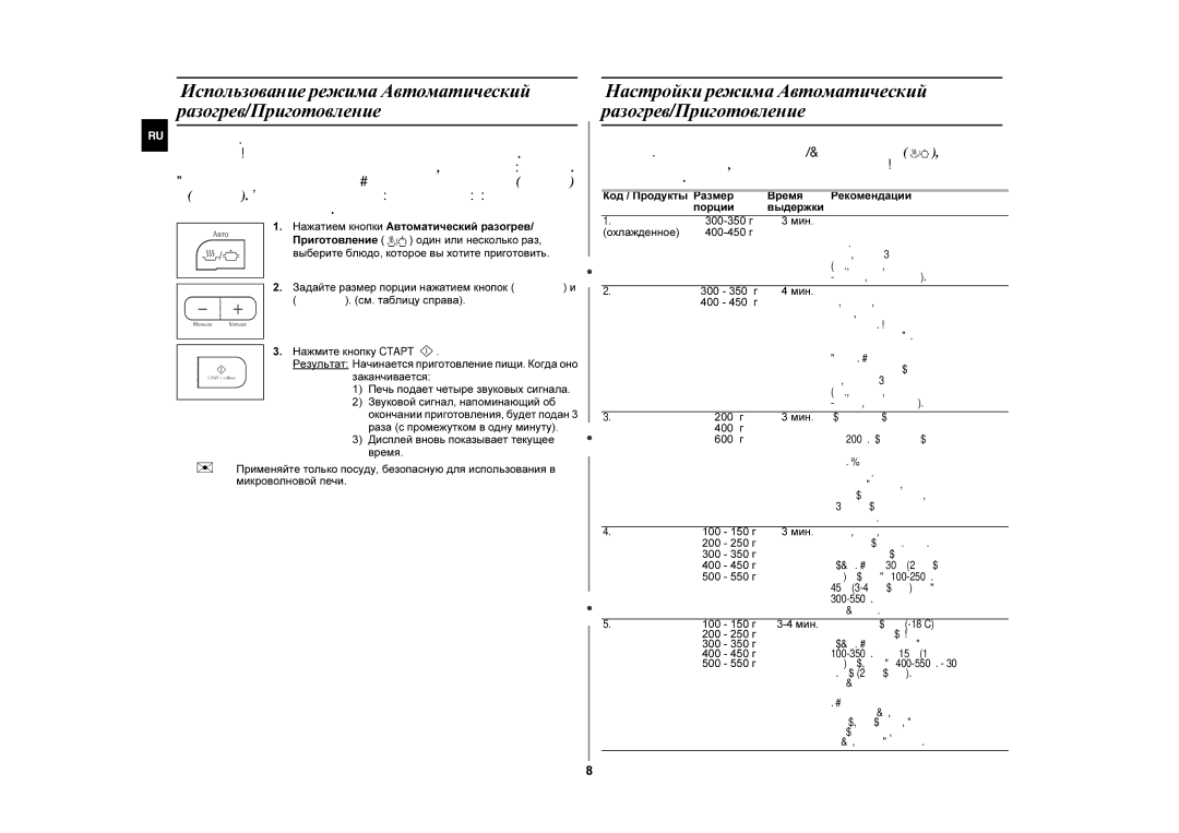 Samsung MW87GR/BWT manual Настройки режима Автоматический разогрев/Приготовление 