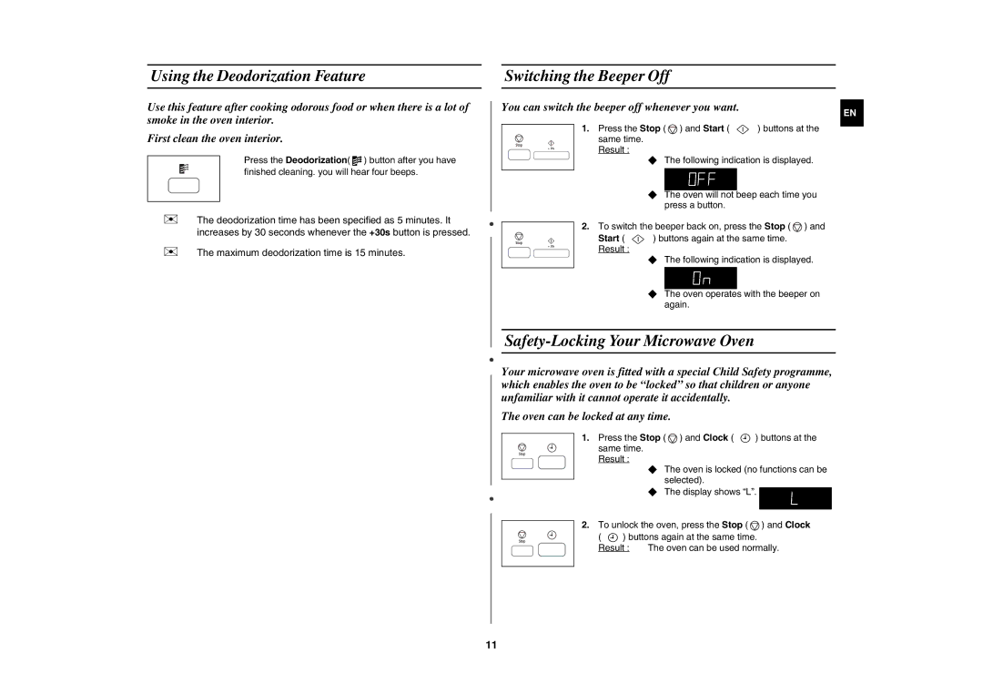 Samsung MW87H/BAL manual Using the Deodorization Feature, Switching the Beeper Off, Safety-Locking Your Microwave Oven 