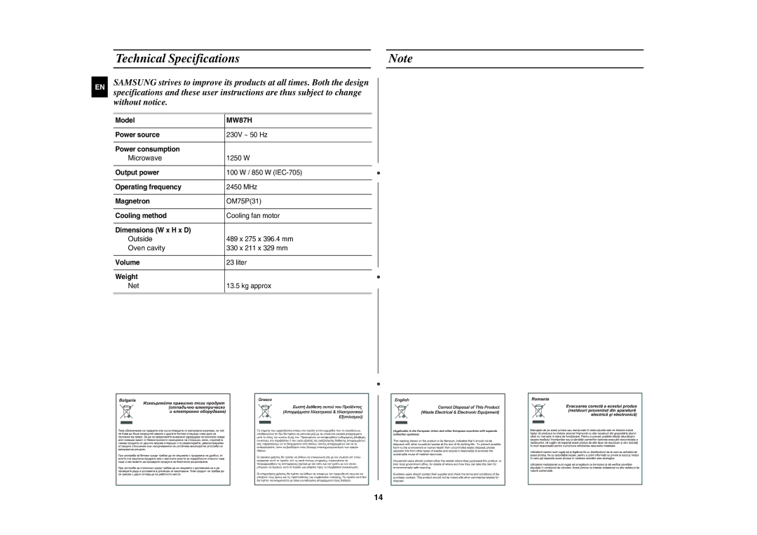 Samsung MW87H/BAL manual Technical Specifications 