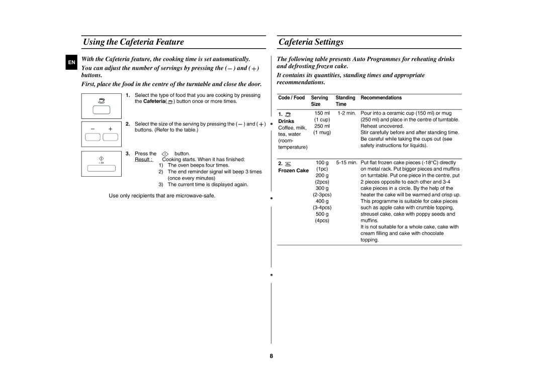 Samsung MW87H/BAL manual Using the Cafeteria Feature Cafeteria Settings, Drinks 