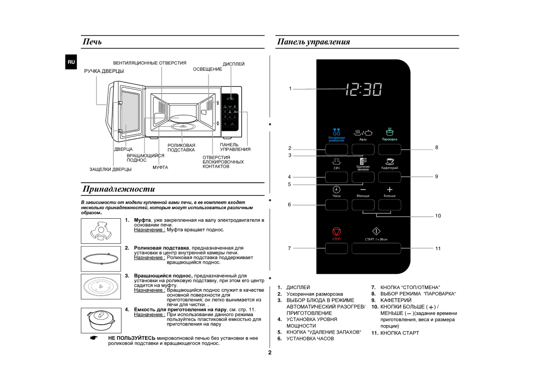 Samsung MW87HR/BWT manual Принадлежности, Печь Панель управления, Ускоренная разморозка 