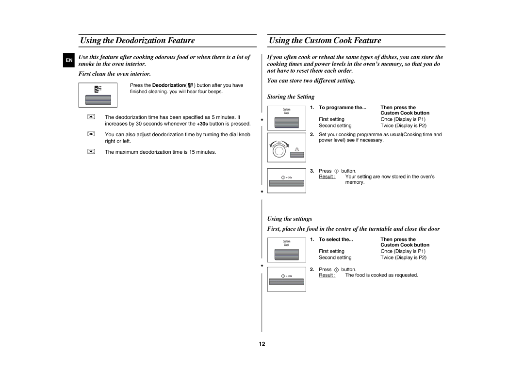 Samsung MW87K-S/BAL manual Using the Deodorization Feature, Using the Custom Cook Feature, Smoke in the oven interior 