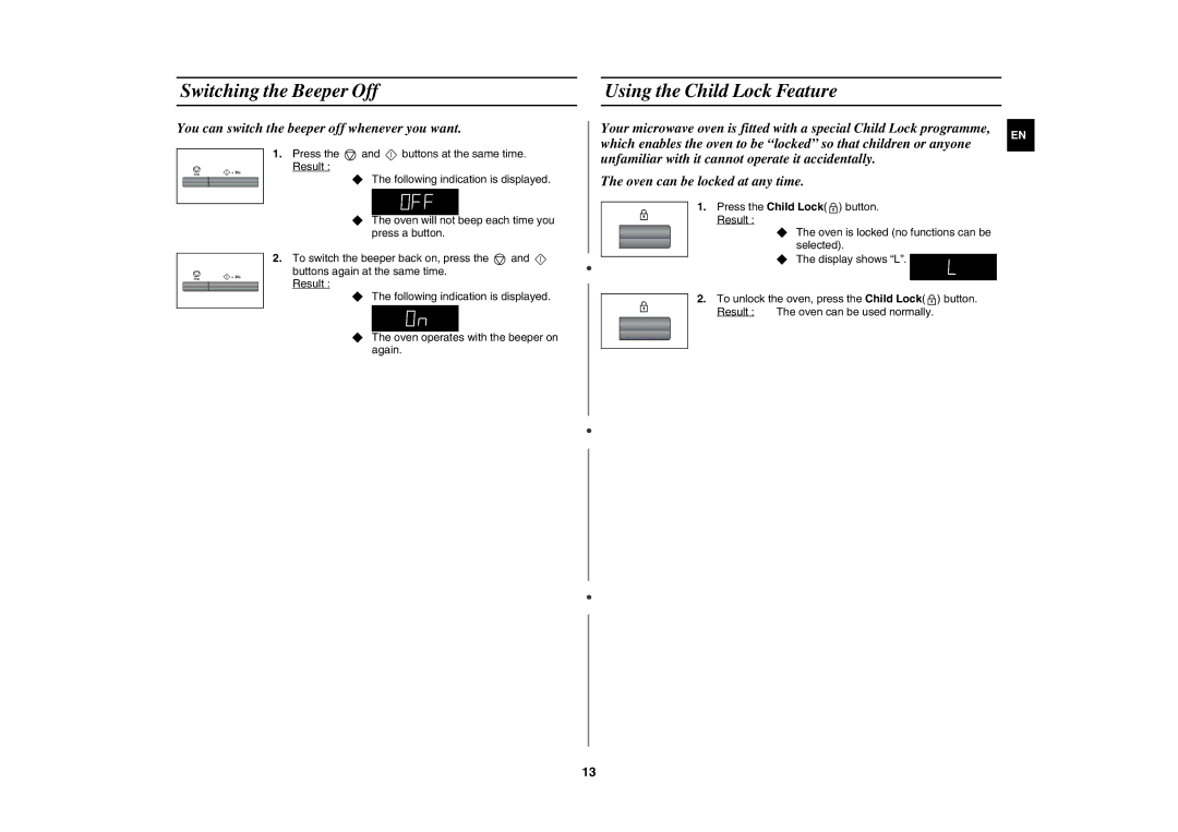 Samsung MW87K-S/BAL manual Switching the Beeper Off, Using the Child Lock Feature 