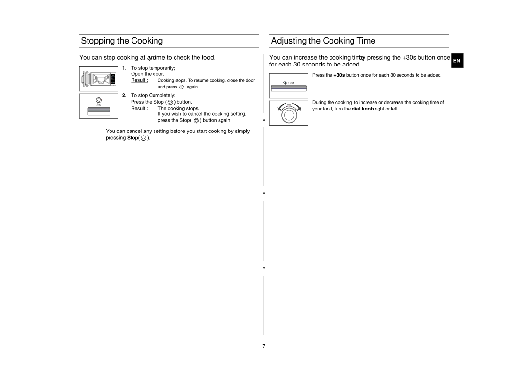 Samsung MW87K-S/BAL Stopping the Cooking, Adjusting the Cooking Time, You can stop cooking at any time to check the food 