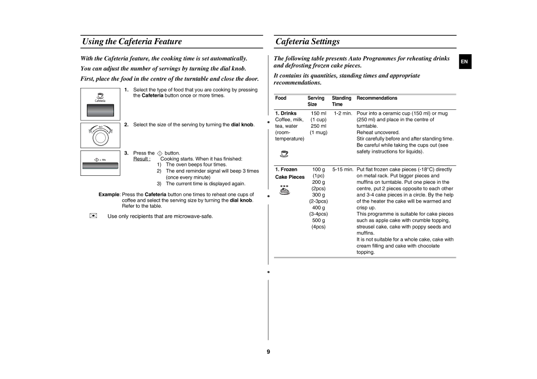 Samsung MW87K-S/BAL manual Using the Cafeteria Feature, Cafeteria Settings, Drinks 