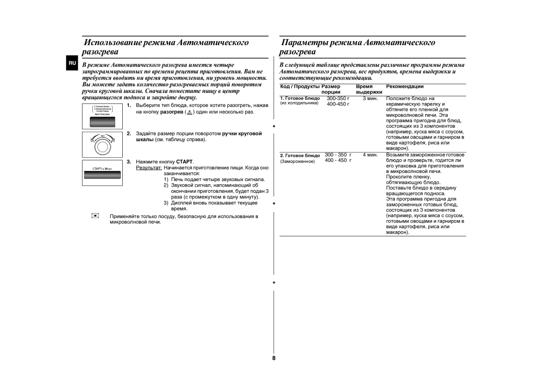 Samsung MW87KR-S/BWT manual Использование режима Автоматического разогрева, Параметры режима Автоматического разогрева 