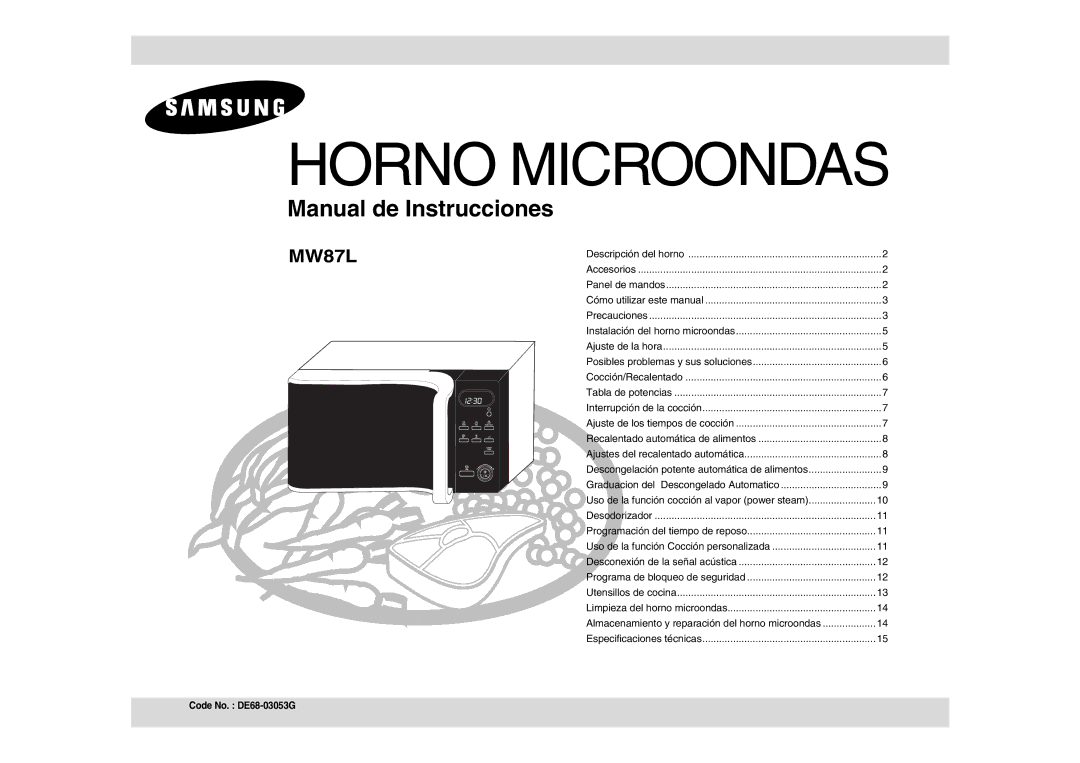 Samsung MW87L-BS/XEC manual Horno Microondas 