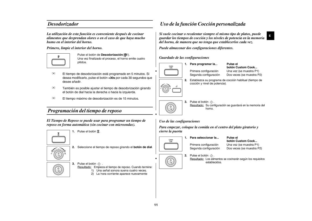 Samsung MW87L-BS/XEC manual Desodorizador, Programación del tiempo de reposo, Para programar la Pulse el Botón Custom Cook 