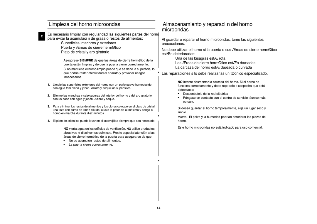 Samsung MW87L-BS/XEC manual Limpieza del horno microondas, Almacenamiento y reparación del horno microondas 