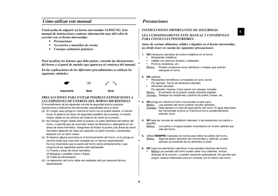 Samsung MW87L-BS/XEC Cómo utilizar este manual, Importante Nota 