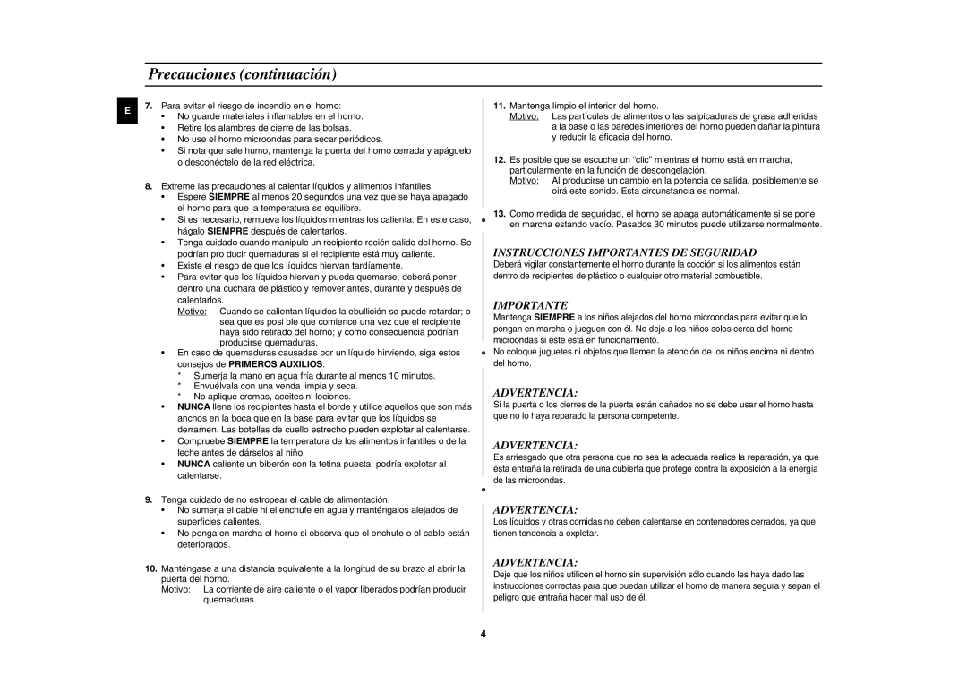 Samsung MW87L-BS/XEC manual Precauciones continuación, Instrucciones Importantes DE Seguridad 