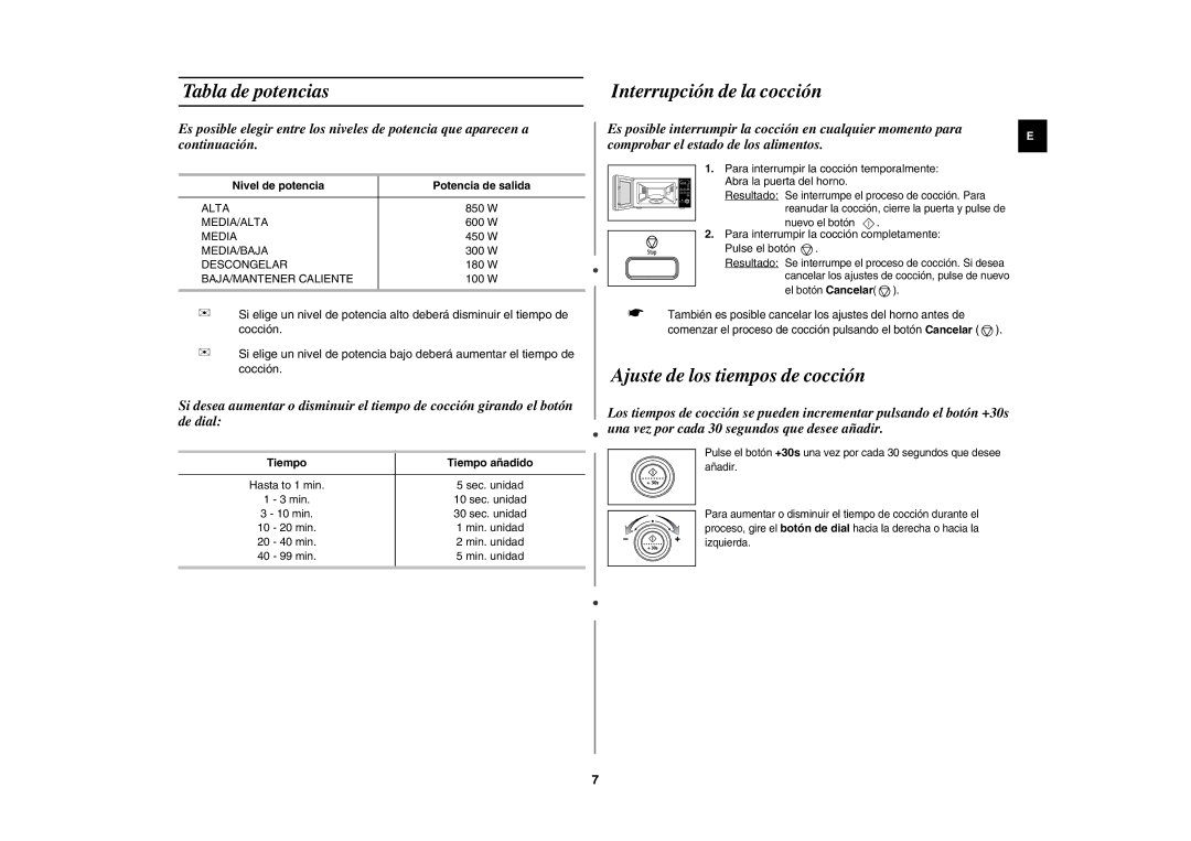 Samsung MW87L-BS/XEC manual Tabla de potencias, Interrupción de la cocción, Ajuste de los tiempos de cocción 