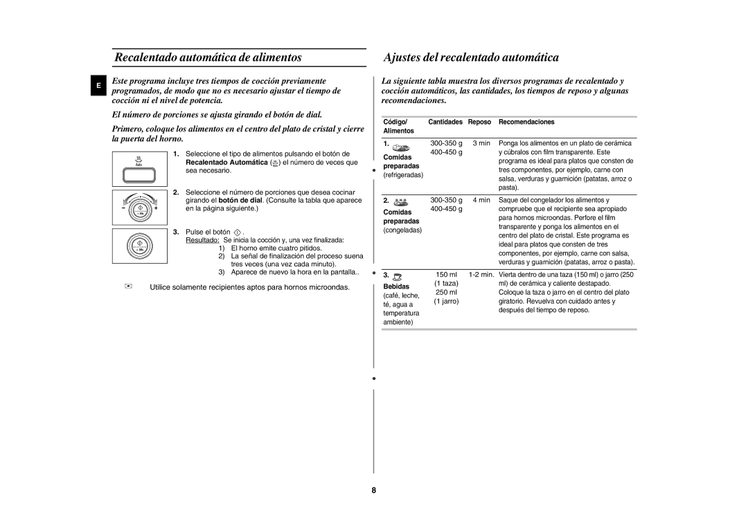 Samsung MW87L-BS/XEC manual Recalentado automática de alimentos, Ajustes del recalentado automática 