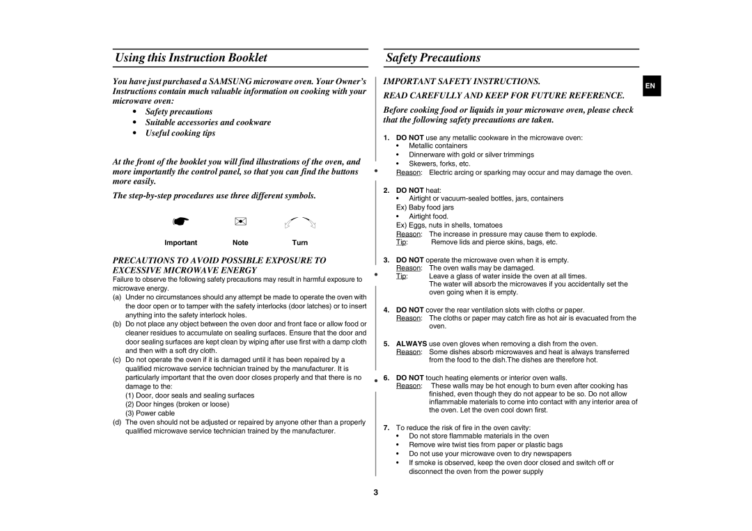 Samsung MW87L-S/BAL manual Using this Instruction Booklet, Safety Precautions, Important NoteTurn, Do not heat 